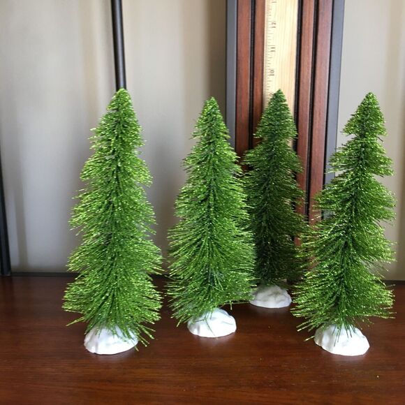4 Green Glitter Tabletop Decor Bottle Brush Christmas Trees Snow Base 9" x 4" - Picture 5 of 12